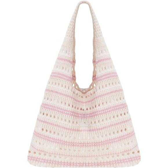 Handbags - Crochet Tote Bag, Mesh Beach Bag Beige Pink